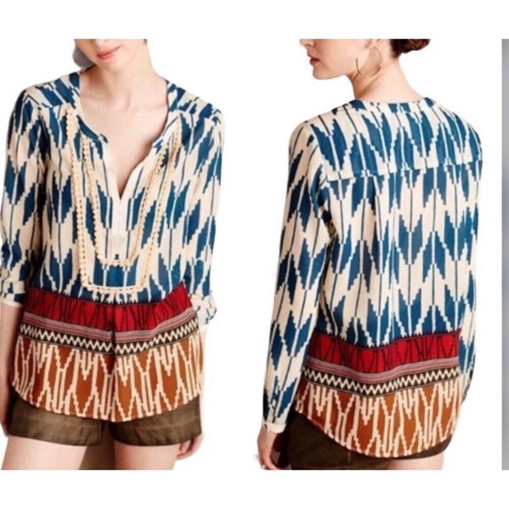 Maeve Anthropologie Rohana Women Astec Print Long Sleeve Blouse Size 0